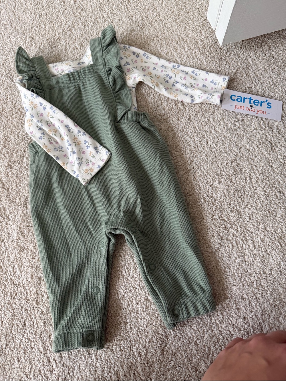 Carter's Sage Green Ruffle-Strap Waffle Knit Overalls